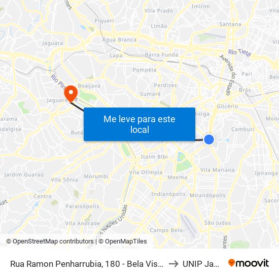 Rua Ramon Penharrubia, 180 - Bela Vista, São Paulo to UNIP Jaguaré map