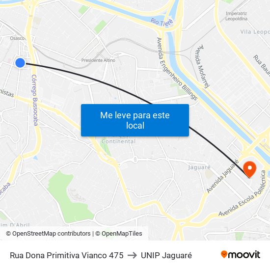 Rua Dona Primitiva Vianco 475 to UNIP Jaguaré map