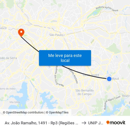 Av. João Ramalho, 1491 - Rp3 (Regiões de Planejamento), Mauá to UNIP Jaguaré map