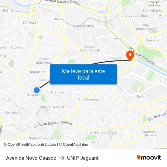 Avenida Novo Osasco to UNIP Jaguaré map