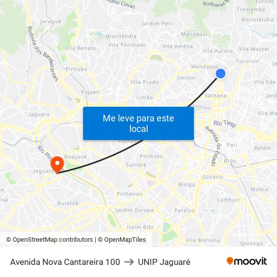 Avenida Nova Cantareira 100 to UNIP Jaguaré map