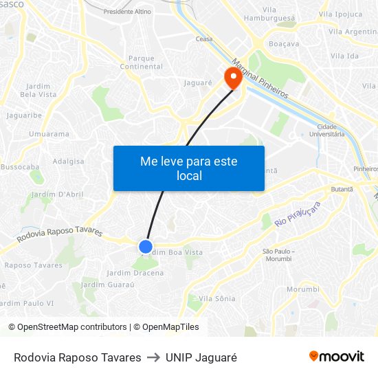 Rodovia Raposo Tavares to UNIP Jaguaré map