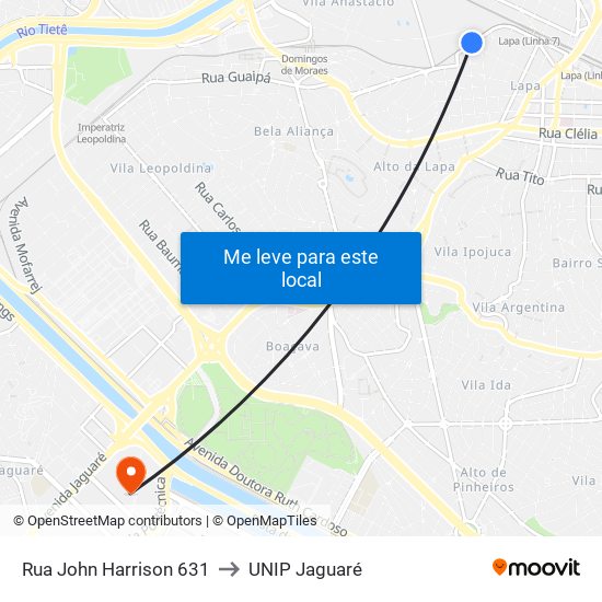 Rua John Harrison 631 to UNIP Jaguaré map