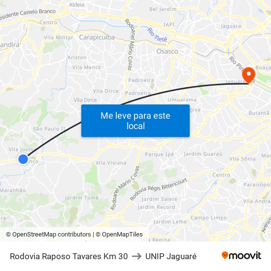 Rodovia Raposo Tavares Km 30 to UNIP Jaguaré map