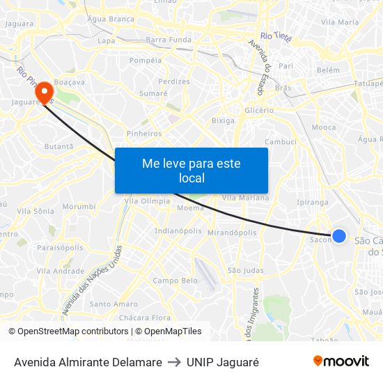 Avenida Almirante Delamare to UNIP Jaguaré map