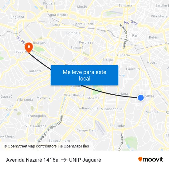 Avenida Nazaré 1416a to UNIP Jaguaré map