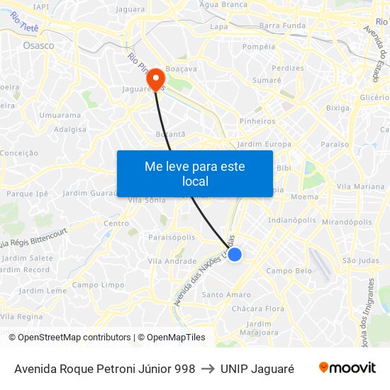 Avenida Roque Petroni Júnior 998 to UNIP Jaguaré map