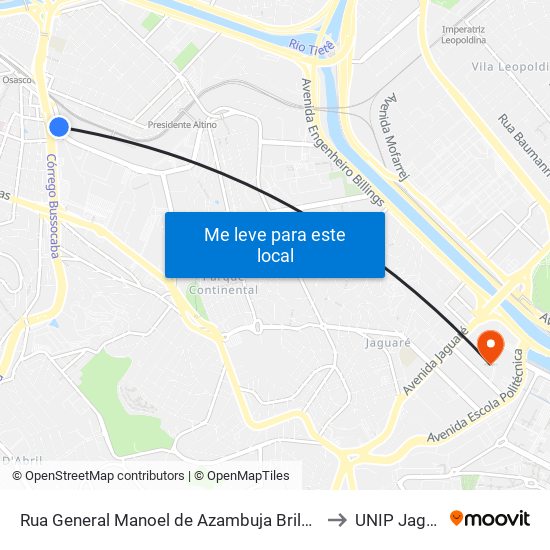 Rua General Manoel de Azambuja Brilhante 456 to UNIP Jaguaré map