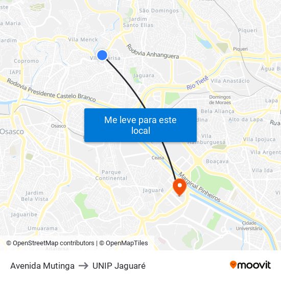 Avenida Mutinga to UNIP Jaguaré map