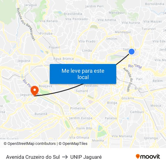 Avenida Cruzeiro do Sul to UNIP Jaguaré map