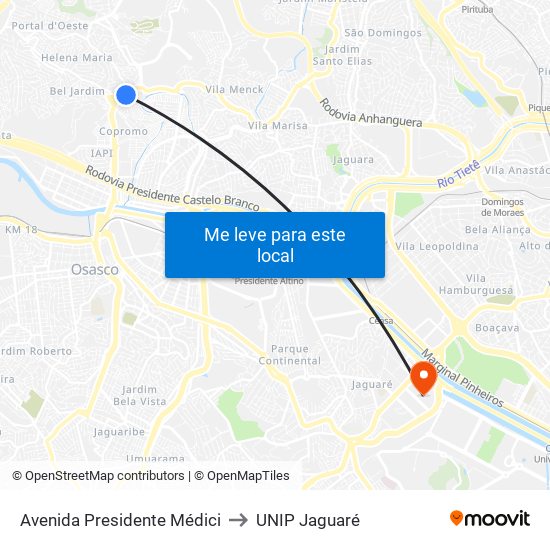 Avenida Presidente Médici to UNIP Jaguaré map