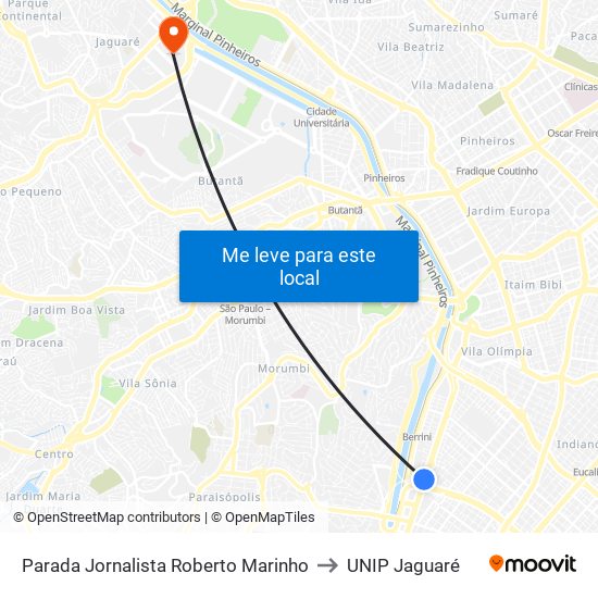 Parada Jornalista Roberto Marinho to UNIP Jaguaré map