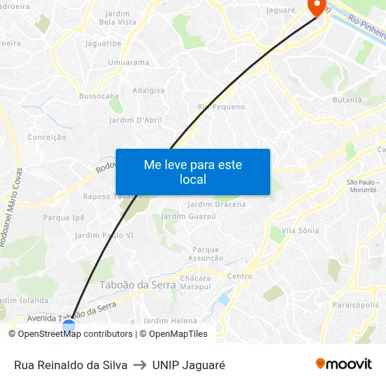 Rua Reinaldo da Silva to UNIP Jaguaré map