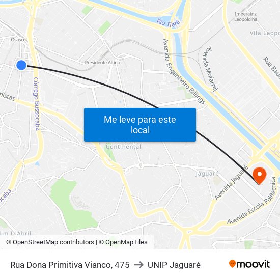 Rua Dona Primitiva Vianco, 475 to UNIP Jaguaré map