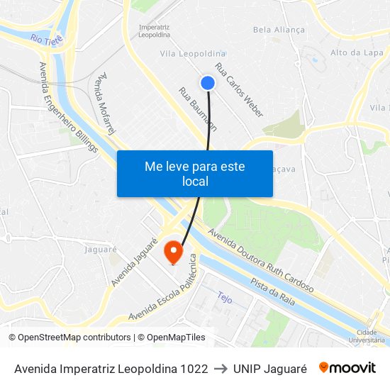 Avenida Imperatriz Leopoldina 1022 to UNIP Jaguaré map