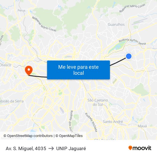 Av. S. Miguel, 4035 to UNIP Jaguaré map