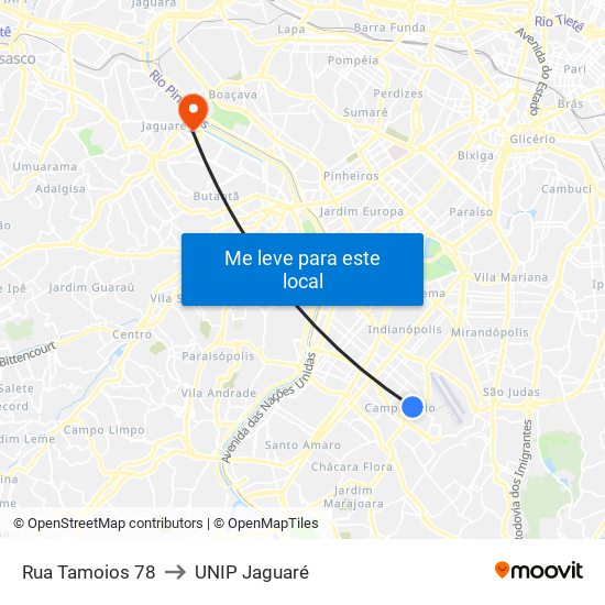 Rua Tamoios 78 to UNIP Jaguaré map