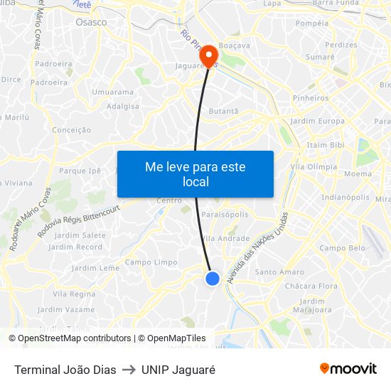 Terminal João Dias to UNIP Jaguaré map