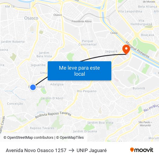 Avenida Novo Osasco 1257 to UNIP Jaguaré map