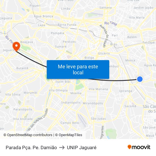 Parada Pça. Pe. Damião to UNIP Jaguaré map