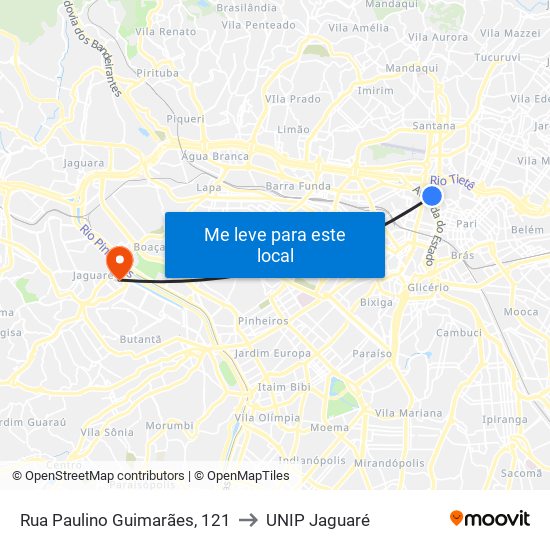 Rua Paulino Guimarães, 121 to UNIP Jaguaré map