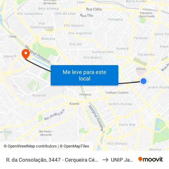 R. da Consolação, 3447 - Cerqueira César, São Paulo to UNIP Jaguaré map