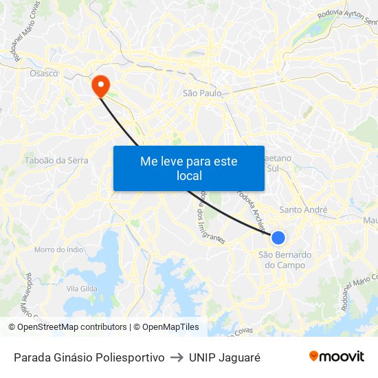 Parada Ginásio Poliesportivo to UNIP Jaguaré map