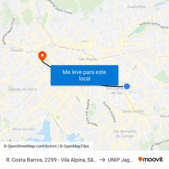 R. Costa Barros, 2299 - Vila Alpina, São Paulo to UNIP Jaguaré map