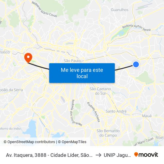 Av. Itaquera, 3888 - Cidade Líder, São Paulo to UNIP Jaguaré map