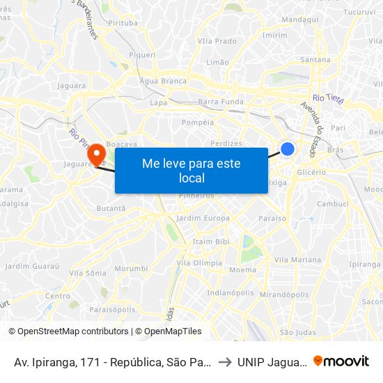 Av. Ipiranga, 171 - República, São Paulo to UNIP Jaguaré map