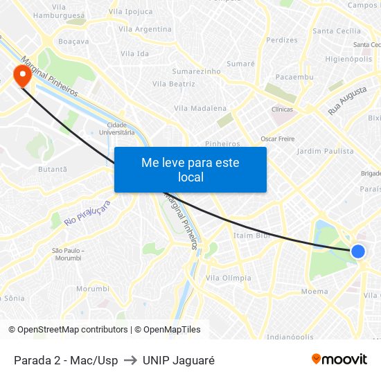 Parada 2 - Mac/Usp to UNIP Jaguaré map