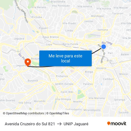 Avenida Cruzeiro do Sul 821 to UNIP Jaguaré map