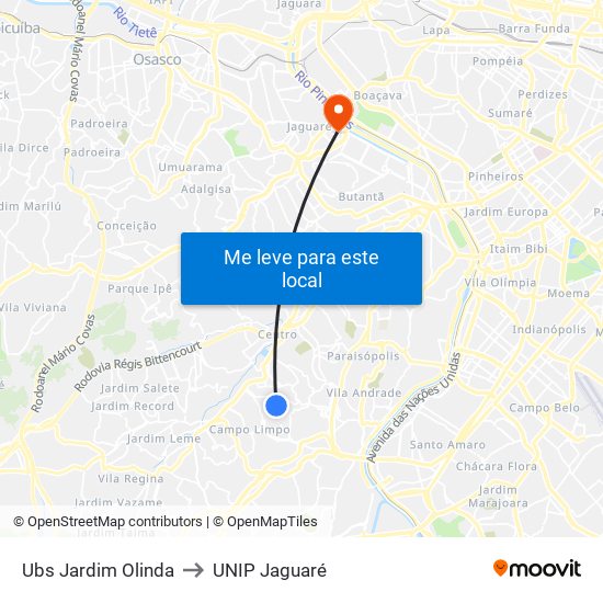 Ubs Jardim Olinda to UNIP Jaguaré map