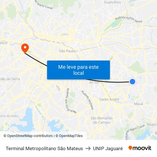 Terminal Metropolitano São Mateus to UNIP Jaguaré map