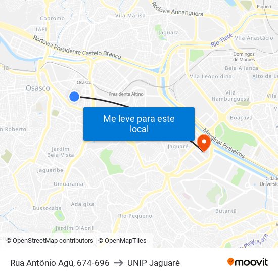 Rua Antônio Agú, 674-696 to UNIP Jaguaré map