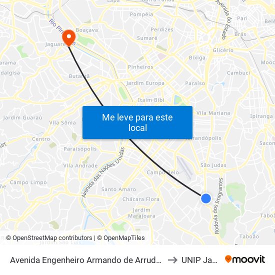 Avenida Engenheiro Armando de Arruda Pereira 2100 to UNIP Jaguaré map