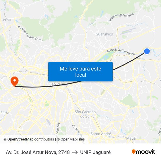 Av. Dr. José Artur Nova, 2748 to UNIP Jaguaré map