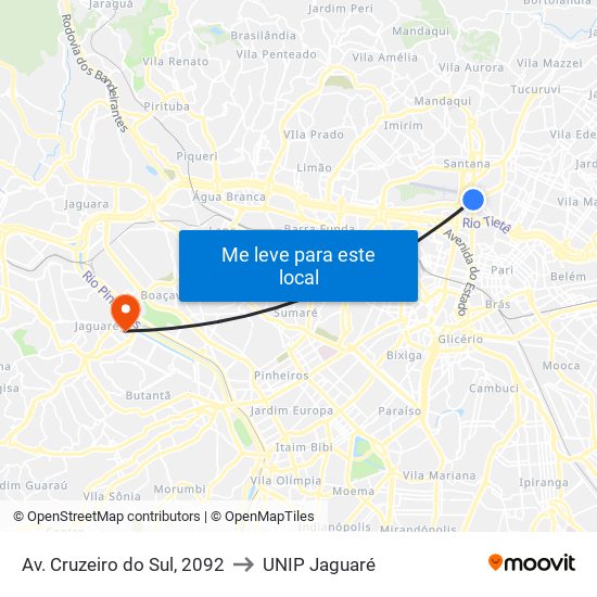 Av. Cruzeiro do Sul, 2092 to UNIP Jaguaré map