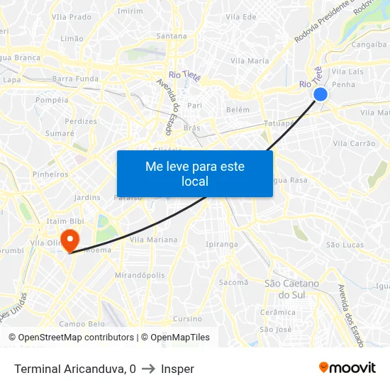 Terminal Aricanduva, 0 to Insper map