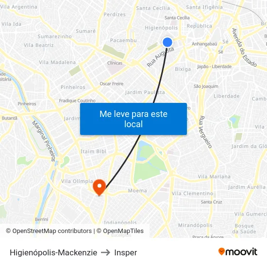 Higienópolis-Mackenzie to Insper map