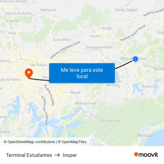 Terminal Estudantes to Insper map