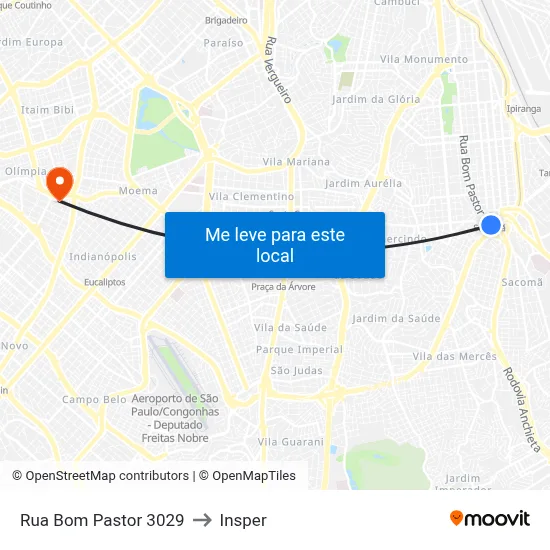 Rua Bom Pastor 3029 to Insper map