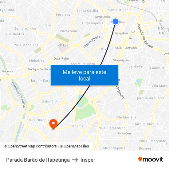 Parada Barão de Itapetinga to Insper map