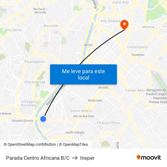 Parada Centro Africana B/C to Insper map