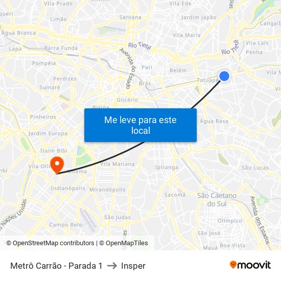 Metrô Carrão - Parada 1 to Insper map