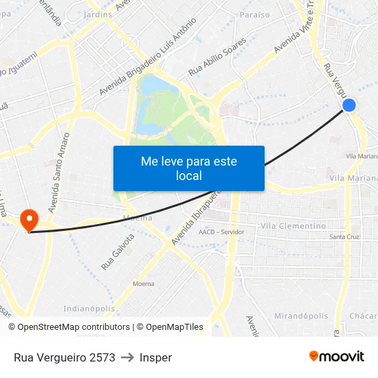 Rua Vergueiro 2573 to Insper map