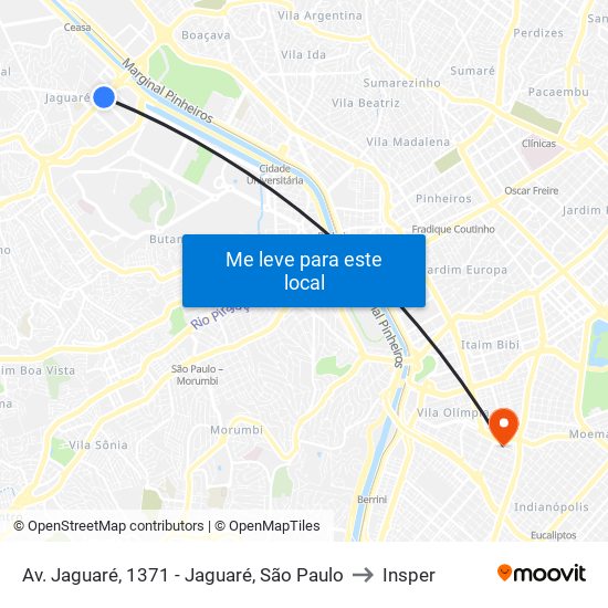 Av. Jaguaré, 1371 - Jaguaré, São Paulo to Insper map