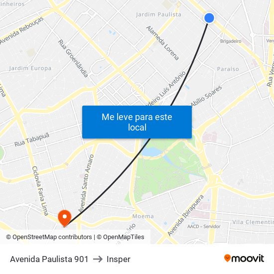 Avenida Paulista 901 to Insper map