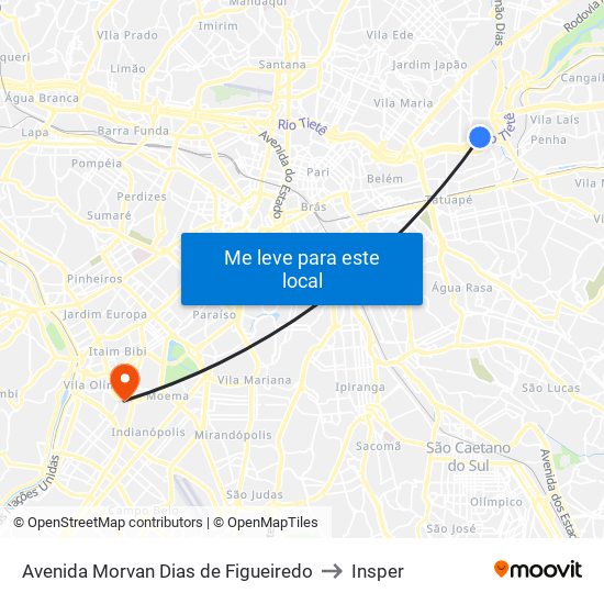 Av. Morvan Dias de Figueiredo to Insper map