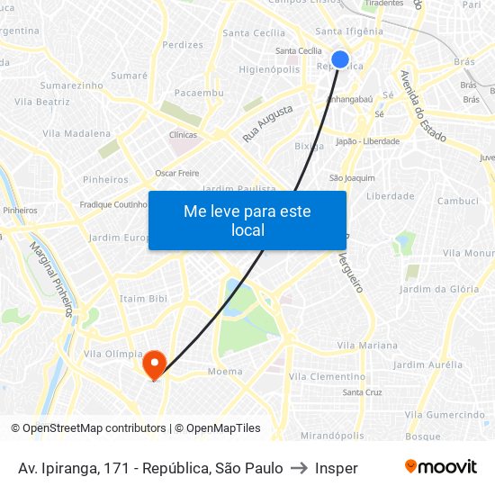 Av. Ipiranga, 171 - República, São Paulo to Insper map